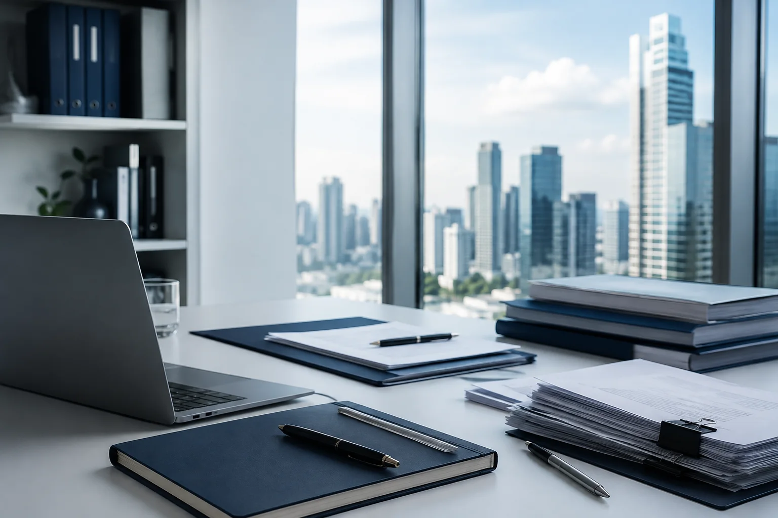 Mesa de trabajo para estrategia jurídica con documentos y vista urbana
